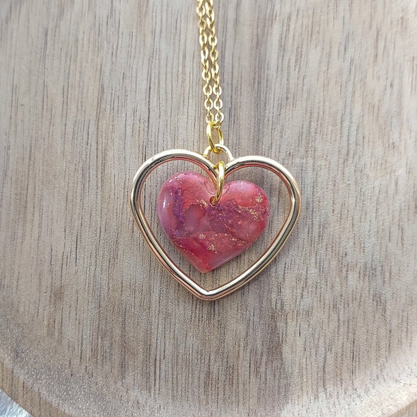 Gold and Pink Marble Heart Necklace