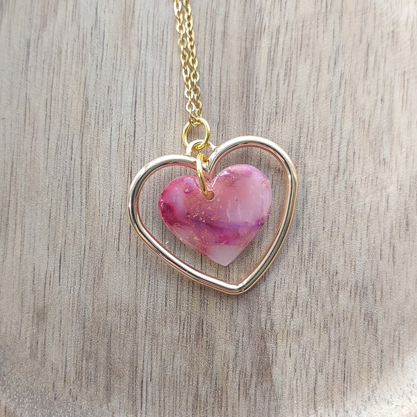 Gold and Pink Marble Heart Necklace