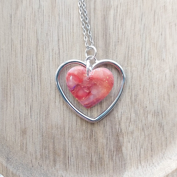 Silver and Pink Marble Heart Necklace