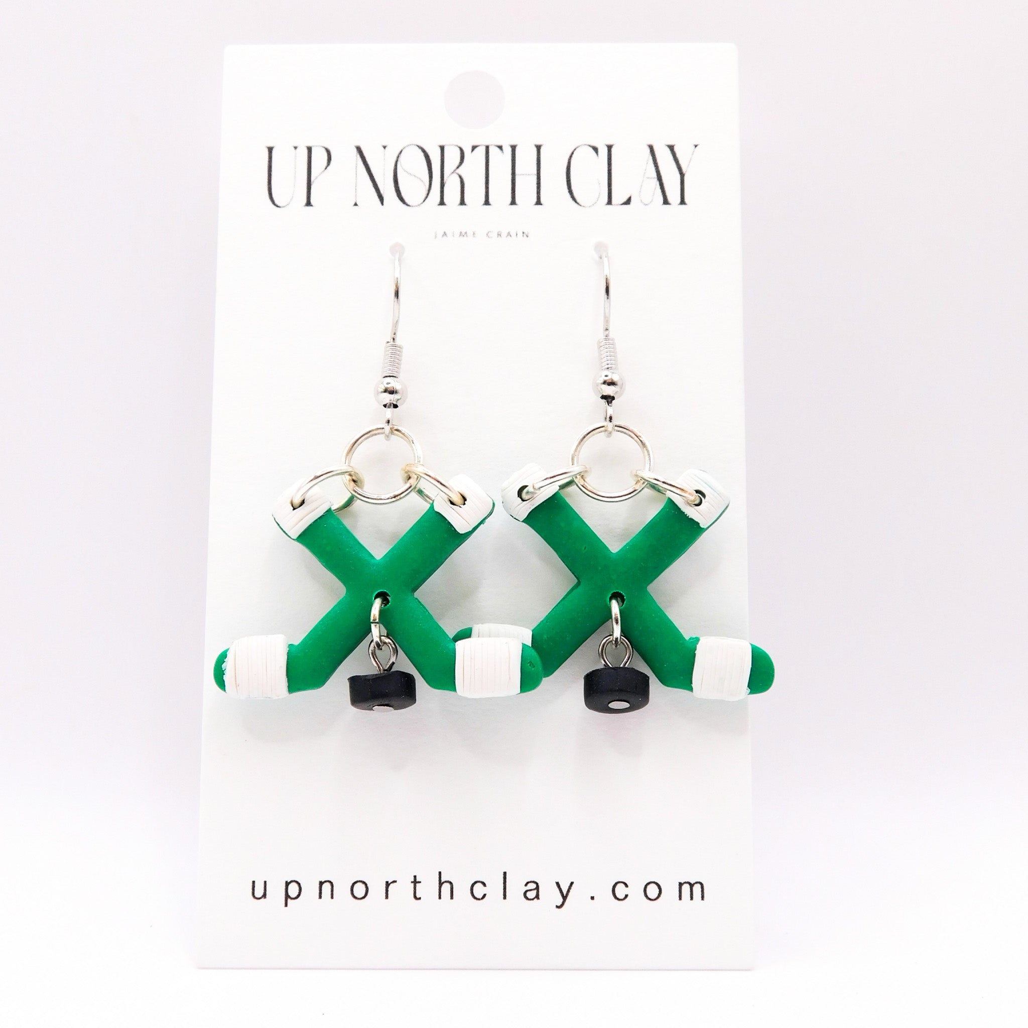 Green and White Hockey Earrings