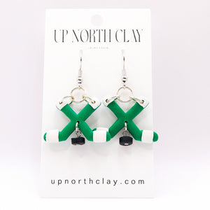 Green and White Hockey Earrings