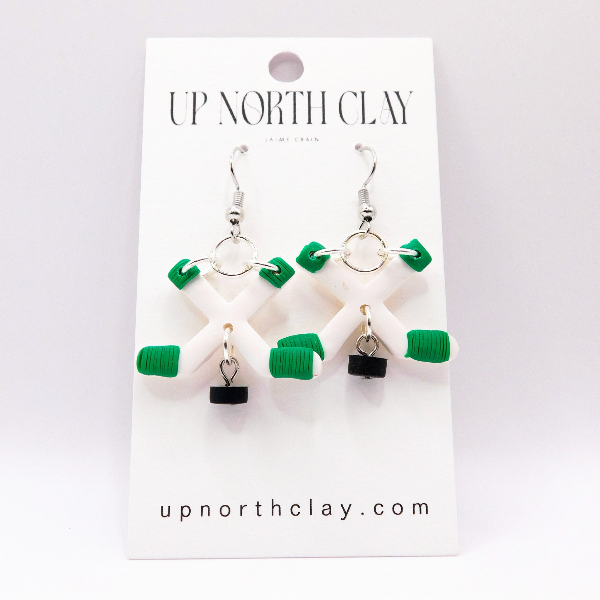 White and Green Hockey Earrings